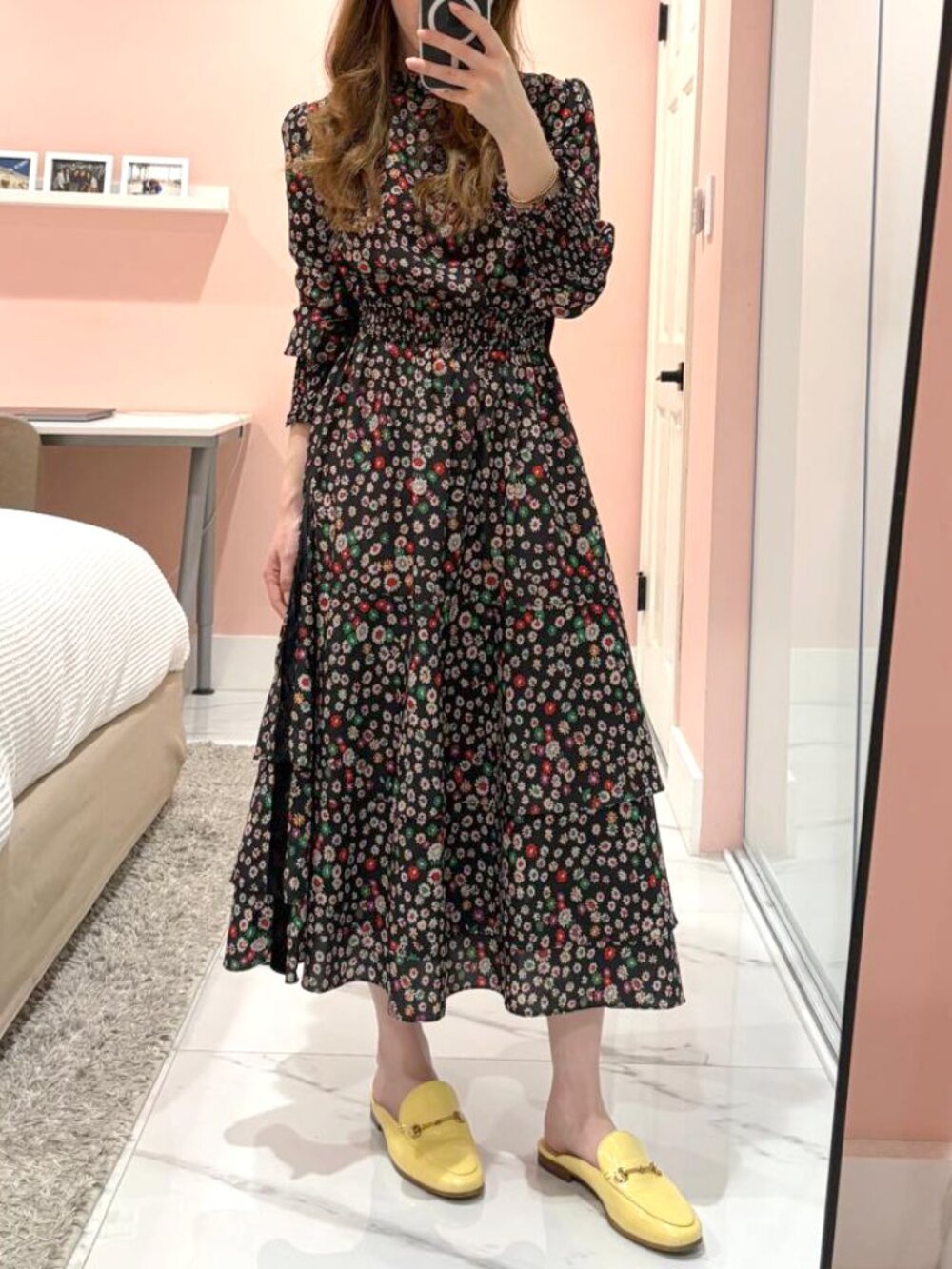 FAME ON CENTRAL COLORFUL FLORAL LONG SLEEVE MIDI VELVET SIDE DETAIL